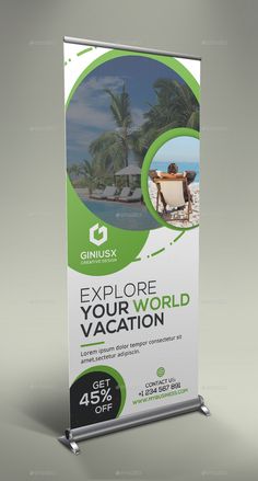 a roll up banner with an image of the beach and palm trees in the background