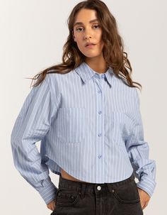 Rsq Stripe Crop Long Sleeve Button Up Shirt. Crafted From Lightweight And Breathable Fabric, This Shirt Features Timeless Stripes That Add A Touch Of Sophistication To Any Outfit. Button Front. Collared Neckline. Chest Pockets. Button Cuffed Long Sleeves. Cropped Fit. Rounded Hem. 100% Cotton. Machine Wash. Imported. Model Is Wearing A Size Small. Model Measurements:height: 5'8" Bust: 34"waist: 25"hips: 37.5" Trendy Long-sleeved Cropped Shirt With Button Closure, Trendy Long Sleeve Cropped Shirt With Button Closure, Summer Long Sleeve Cropped Shirt With Button Closure, Trendy Blue Button-up Cropped Shirt, Trendy Collared Shirt With Back Button Closure, Trendy Shirt With Shirttail Hem And Buttons, Crop Blouse Outfit, Long Sleeve Button Up Shirt Outfit, Cropped Button Up Shirt Outfit