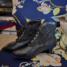 Pleaser Fantasma Dame-05 Black Lace Victorian Booties Size 11/42 - Nib They've Been In The Box Since I Bought Them. They Are Too Cute Not To Be Worn. 2" (5.1cm) Heel Ankle Boot Victorian Lace Design No Zipper Step Into A World Of Victorian Charm And Elegance With The Dame-05 Ankle Boots From Funtasma. These Boots Boast A 2" Heel And A Captivating Lace Design That Captures The Essence Of The Era. With Their Delicate Detailing And Exquisite Craftsmanship, These Ankle Boots Are Perfect For Those Se Black Lace-up Booties, Black Fitted Lace-up Booties, Fitted Black Lace-up Booties, Vintage Ankle-high Fitted Heels, Vintage Fitted Ankle-high Heels, Fitted Ankle-high Vintage Heels, Formal Fitted Closed Toe Booties, Formal Fitted Closed-toe Booties, Elegant Black Low Heel Booties