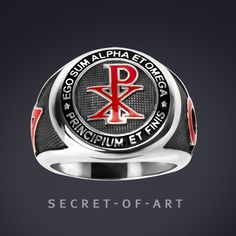 Chi Rho Ring Chi Rho Signet Ring - Jesus Alpha Omega Silver 925 Sterling, Red Enamel, very fine work Very fine Chi-Ro ring: Jesus, Alpha and Omega. With filigree Symbols on the side of the ring: Alpha and Omega. This high-quality silver ring is handmade in highest quality craftsmanship.  Details: -    Material: Silver 925 Sterling -    Weight: 15 gram -    Size: 1,9 * 1,9 cm -    Quality: Fine, stamped -    Craftsmanship: Filigree and detailed Chi Rho Ring Chi-Rho Signet ring Jesus Alpha Omega Catholic Church Religious Silver 925 Sterling, Chi Ro jewelry Christian Christianity If you have any questions, please let us know. We are more than happy to help and assist you. Thank you very much for stopping by and considering our store. Best regards Thomas from Secret of Art Please find more bea Symbolic Promise Jewelry With Polished Finish, Symbolic Red Jewelry For Anniversary, Sterling Silver Enamel Ring For Anniversary, Silver Enamel Ring With Polished Finish For Anniversary, Anniversary Enamel Ring With Polished Finish In Sterling Silver, Symbolic Rings With Polished Finish For Commemoration, Red Symbolic Engraved Jewelry, Silver Engraved Enamel Ring, Engraved Silver Enamel Ring