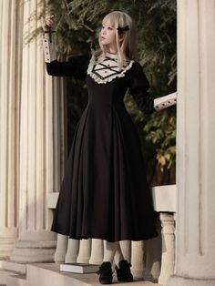 Black and Beige Juliette Sleeves Nun Lolita One Piece Yvette Clue, Goth Cottagecore Fashion, Cottagecore Fashion, Fashion Vocabulary, Short Party Dress, Lolita Dress, Gothic Lolita, Lolita Fashion, Dress With Bow