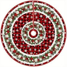 a red and white plate with christmas decorations on it