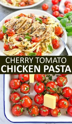 roasted cherry tomato chicken pasta on a plate with basil and tomatoes in the background text reads roasted cherry tomato chicken pasta