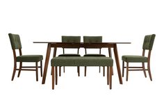 Add a pop of mid-century modern style with my Bettie dining set! The button tufting and flared legs of the seats and matching bench give off retro vibes, while the Bob-O-Pedic Memory Foam seats add modern comfort. And, I've included a 12'' removable leaf, so you'll have lots of space to host the next potluck dinner! | Bettie 6 Piece Walnut & Avocado Upholstered Extendable Dining Set with Bench in Green | Mid-Century Modern Dining Room Sets