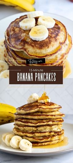 pancakes with bananas and syrup are stacked on top of each other in this collage