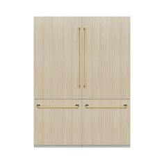 a white refrigerator freezer sitting next to a wooden cabinet with two doors and gold handles