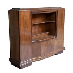 an old fashioned wooden cabinet with shelves and doors on the bottom shelf is shown against a white background