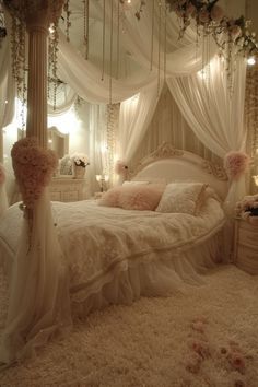 a white bed sitting in a bedroom with lots of lights on the ceiling and curtains over it