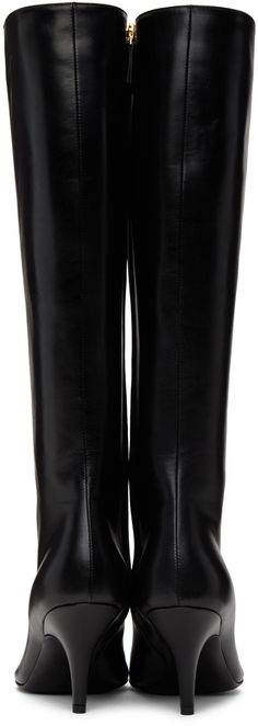 Knee-high polished calfskin boots in black. · Pointed toe · Zip closure at inner-side · Grained leather lining · Covered stiletto heel with rubber injection · Leather sole with rubber injection · H2.75 Supplier color: Black Luxury Workwear Boots With Reinforced Heel, Luxury Leather Knee-high Boots For Work, High Ankle Heeled Boots For Work With Leather Sole, Luxury Boots With Reinforced Heel For Office, Luxury Office Boots With Reinforced Heel, Luxury Knee-high Boots With Leather Lining For Work, Luxury Leather-lined Knee-high Boots For Work, Designer Business Heeled Boots With Reinforced Heel, Elegant Knee-high Platform Boots With Leather Lining