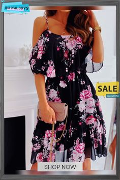 Summer Floral Print Dress Woman Sexy Spaghetti Strap Mini Dresses Fashion Off Shoulder Boho Beach Dress Femme Robe Vestidos Summer Flowy Cold Shoulder Dresses, Flowy Cold Shoulder Summer Dresses, Black Cold Shoulder Summer Dress, Flowy Cold Shoulder Vacation Dress, Cold Shoulder Flowy Dress For Vacation, Summer Beach Dress With Cold Shoulder, Flowy Cold Shoulder Dress For Vacation, Summer Cold Shoulder Beach Dress, Black Chiffon Mini Dress For Summer