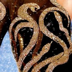 the back of a woman's dress with gold and black sequins on it