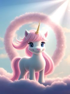 a pink pony standing on top of a cloud covered sky with a halo around it's head