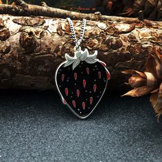 "Into the Forest Collection - Strawberry Details Chain Length can be selected from the drop-down menu Pendant Size: 1.5\" Inches Tall Stainless Steel Chain Silver Plated Pendant Gold Variant also available! Visit swordheartsociety.com for lower pricing, more products, and freebies with every order!" Goth Strawberry, Strawberry Jewelry, Black Strawberry, Strawberry Necklace, Jewelry Gothic, Into The Forest, Alternative Jewelry, Jewelry Black, Gothic Jewelry