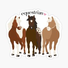 three horses standing next to each other with the words equestrian on it sticker above them