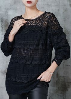 Women Black Hollow Out Patchwork Lace Knit Shirts SpringFabric: Knit BlendedSize & Fit: Fit: This garment fits true to size.Length: Size M measures 24.57"from shoulder to hemBust: Great for any cup size. Waist: Loose Fit. Comfortable room throughout midsection.Hip: Loose Fit - room for hips. Hand Wash Cold. Black Long Sleeve Lace Top For Fall, Black Long Sleeve Tops With Lace Patchwork, Black Long Sleeve Top With Lace Patchwork, Black Crew Neck Blouse For Winter, Black Long Sleeve Knit Top For Layering, Long Sleeve Open Knit Blouse For Fall, Open Knit Long Sleeve Blouse For Fall, Black Blouse For Winter Layering, Fall Open Knit Long Sleeve Blouse