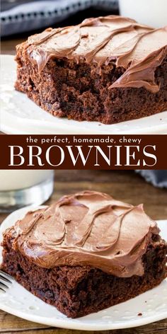 chocolate brownies with frosting on white plates