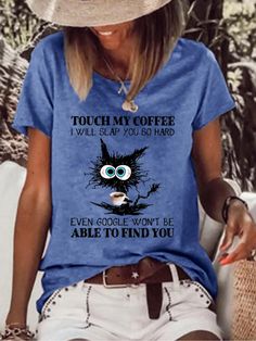 Cotton-Blend Casual Crew Neck Text Letters T-Shirts is fashionable and cheap, come to Lilicloth to find out about the Clothing Casual Tops For Women, Plus Size Casual, Funny Cat, Comfortable Outfits, Top Casual, Casual T Shirts, Printed Shorts, Casual Tops, Print T Shirt