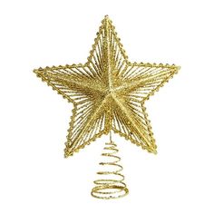 a gold christmas ornament hanging on a white wall next to a spiral tree