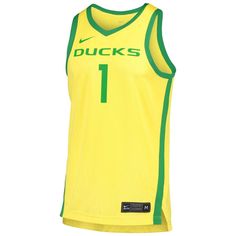 When it's Oregon Ducks basketball season, you'll always be ready to cheer them to victory when you have this Replica jersey from Nike. The design features authentic team graphics on the front and back for a little extra Oregon Ducks pizzazz. This jersey is also equipped with moisture-wicking Dri-FIT technology and Nike Dry fabrics for reliable comfort throughout every game this year. Brand: Nike Dri-FIT  technology wicks away moisture Droptail hem with front slits Heat-sealed graphics Imported M Varsity Basketball Jersey In Team Colors, Collegiate Basketball Jersey, Basketball Team Jersey In Cotton, Basketball Jersey With Team Name In Cotton, Basketball Team Name Cotton Jersey, Sleeveless Collegiate Jersey For Game Day, Collegiate Sleeveless Jersey For Sports Events, Collegiate Sleeveless Sports Jersey, Collegiate Style Sleeveless Jersey For Sports Events