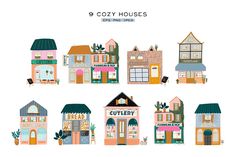 a set of nine houses with different styles and colors