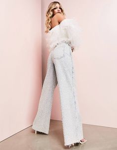 ASOS Luxe all over pearl embellished wide leg jean in light blue | ASOS Elegant Full Length Denim Bottoms, Elegant Wide Leg Spring Jeans, Elegant High Rise Denim Bottoms, Chic High Waist Embellished Pants, Embellished Wide Leg Summer Bottoms, Elegant High Rise Denim Jeans, Trendy High-waisted Embellished Jeans, Embellished Wide Leg Bottoms For Summer, Elegant High-waist Denim Jeans