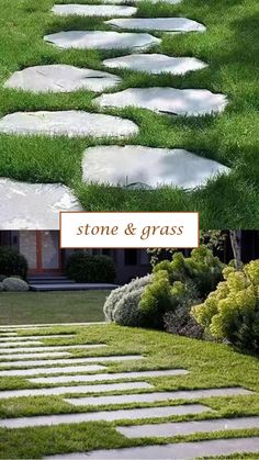 stone and grass walkways in front of a house