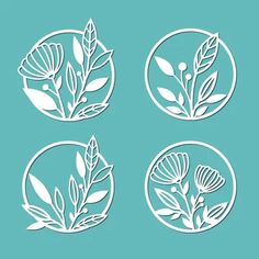 four paper cut flowers and leaves in the circle on blue background, set of three