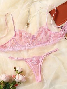 Pink Lingerie Set Embroidered - Self Care Shop Pretty Pink Lingerie, Pink Lingerielook, Lingerie Rosa, Pink Lace Lingerie, Lingerie Outfit Night, Black Lace Lingerie, Cute Lingerie, Pink Lingerie, Lingerie Costume