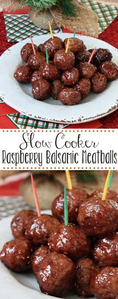 slow cooker raspberry balsamic meatballs with toothpicks in them