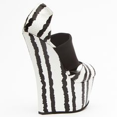 null Bold Platform Wedge Sandals, Bold Platform Wedge Heel Sandals, Designer Synthetic Wedge Sandals, Designer Synthetic Platform Wedge Sandals, Luxury Synthetic Wedge Heel Sandals, Black Platform Knee-high Wedge Boots, Gothic High-top Platform Wedge Boots, Black And White Wedges, White Python