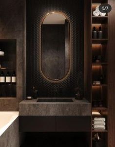 a bathroom with a sink, mirror and shelves