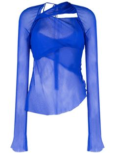 Quinn semi-sheer silk top from RACHEL GILBERT featuring cobalt blue, silk, crepe texture, semi-sheer construction, cut-out detailing, rear tie fastening, twist detailing, long sleeves and straight hem. Blue Stretch Tops With Sheer Sleeves, Blue Long Sleeve Sheer Blouse, Blue Sheer Long Sleeve Blouse, Blue Fitted Sheer Blouse, Fitted Blue Sheer Blouse, Fitted Sheer Blue Blouse, Blue Sheer Mesh Top For Party, Blue Long Sleeve Mesh Top For Party, Blue Sheer Tops For Party