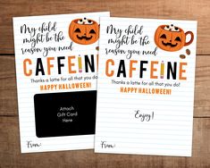 two halloween cards with pumpkins on them and the words cafn cafne written in black