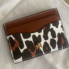 New Tory Burch Emerson Printed Slim Card Case Beige Reva Leopard Chic Brown Card Holder, Chic Brown Card Holder With Card Slots, Chic Brown Card Holder With Slots, Chic Brown Card Holder For Everyday Use, Designer Brown Wallet, Chic Brown Wallet With Interior Card Slots, Designer Brown Card Holder For Everyday, Designer Brown Card Holder For Daily Use, Elegant Brown Travel Card Holder