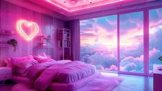 a bedroom with pink lighting and clouds on the wall, along with a large window that looks out onto the sky