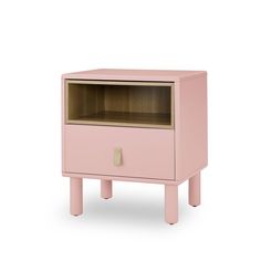 a pink nightstand with an open drawer on the bottom and one shelf in the middle