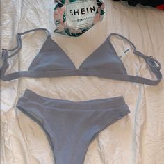 New Never Worn Shein 2 Piece Bikini Set Size Large But Fits Like A Medium Blue Two Piece Swimsuit, Gray Swimwear For Vacation And Beach Season, Gray Swimwear For Beach Season Vacation, Gray Beachwear Swimwear For Summer, Gray Beachwear For Beach Season, Gray Stretch Swimwear For Beach, Gray Beachwear Swimwear For Beach Season, Gray Stretch Swimwear For The Beach, Fitted Gray Swimwear For Vacation