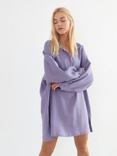 "SKY is an oversized long sleeve linen tunic dress. DETAILS - Collar neckline - Long sleeves - Above knee length - Oversized fit - 100% midweight European linen fabric - Cut and sewn to order just for you in our studio COLOR - Violet Tulip, you can also choose other colors above - Fabric samples are available here https://www.etsy.com/listing/586569696/linen-fabric-samples SIZING & FIT - Size down for a more fitted look - Bust 46 inches / 120 cm - Hips 48 inches / 121 cm - Length 34 inches / Wide Leg Linen Trousers, Linen Dress Summer, Linen Tunic Dress, Linen Shirt Dress, Dress Linen, Oversized Long Sleeve, Wide Leg Linen Pants, Linen Tunic, Linen Blouse