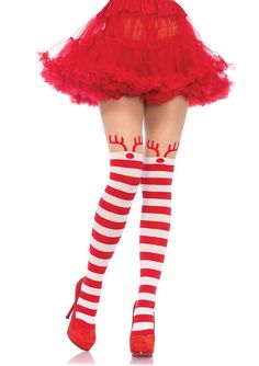 RUDOLPH STRIPED TIGHTS – legavenue.com Rudolph Reindeer, Nude Tops, Christmas Lingerie, Striped Tights, Leg Avenue, Striped Leggings, Wearing Red, Red And White Stripes, Thigh High