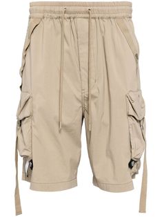 light brown cotton blend appliqué logo grosgrain ribbon trim elasticated drawstring waistband two side slash pockets two side cargo pockets rear welt pocket mid-rise straight leg knee-length Utility Cargo Shorts With Drawstring, Utility Shorts With Drawstring, Utility Style Drawstring Shorts, Utility Drawstring Shorts For Outdoor, Spring Outdoor Cargo Shorts With Pockets, Utility Shorts With Drawstring For Streetwear, Utility Style Drawstring Shorts For Streetwear, Utility Drawstring Shorts For Streetwear, Summer Khaki Cargo Pants With Drawstring