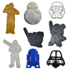 PRICES MAY VARY. COOKIE CUTTERS FOR BAKING, PLAY, AND MORE - Use for traditional sugar cookies, fun shaped sandwiches, children's supervised play, art projects, and so much more SIZE - Darth Vader: 2 3/4 inch X 2 5/8 inch X 5/8 inch , Storm Trooper: 3 1/4 inch X 3 inch X 5/8 inch , Yoda: 4 1/2 inch x 4 1/2 inch x 5/8 inch , R2D2: 1 7/8 inch X 3 1/4 inch X 5/8 inch , BB8: 4 inch X 3 inch X 5/8 inch , Clone Trooper: 2 3/4 inch x 4 3/4 inch 5/8 inch , Yoda Standing: 3 1/4 inch x 4 3/4 inch x 5/8 in Star Wars Cake Toppers, Star Wars Cartoon, Star Wars Cookies, Star Wars Cake, Storm Trooper, Clone Trooper, Star Wars Movie, Star Images, Tv Characters