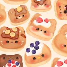 some very cute looking pastries with different toppings on them and eyes painted onto them