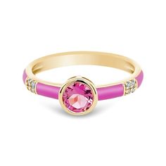 14K Yellow Gold Enamel Ring with  Birthstone and Diamond Pink Formal Enamel Ring, Gemstone Enamel Ring, Formal Enamel Ring With Gemstone, Fine Jewelry Pink Enamel Ring, Fine Pink Enamel Rings, Fine Jewelry Multi-stone Enamel Ring, Luxury Pink Jewelry With Bezel Setting, 14k Gold Pink Rings With Polished Finish, Pink Enamel Anniversary Ring