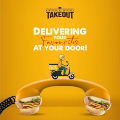 an advertisement for takeout featuring a man on a scooter and two sandwiches