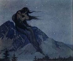 a woman is sitting on top of a mountain with her hair blowing in the wind