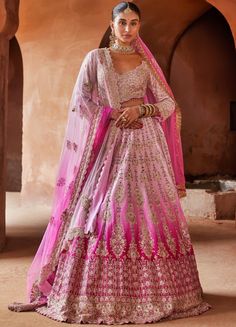 Radiant Pink Bridal Ombre Silk Lehenga Set Nitika Gujral - Fabilicious Fashion India Outfits, Ombre Dupatta, Crystal Work, Lehenga Dupatta, Raw Silk Lehenga, Crystal Embroidery, Bridal Lehenga Red, Padded Blouse, Pink Lehenga