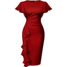 *Material:90%Polyster+10%Spandex, The Vintage Church Dress Is Soft Touching, Stretchy, And Very Comfortable. *Design: Short Ruffle Sleeve, Ruched Bodycon Midi Dress, Ruffle On The Left Cover The Line Of Body To Look Slimmer. *Occasion: Church, Work, Business, Graduation, Formal, Party, Date, Cocktail, Shopping, Street, Holiday, Wedding, Vacation, School, Home, Daily Wear. *Us Size:S=Usa 4-6;M=8-10;L=12-14;Xl=16-18;Xxl=20-22.Please Check It Before You Buy! *Washing Tips: Hand Wash/ Machine Wash I Chic Red Elastane Midi Dress, Fitted Solid Color Midi Dress With Ruffles, Fitted Solid Midi Dress With Ruffles, Elegant Red Elastane Bodycon Dress, Elegant Red Bodycon Dress With Elastane, Fitted Knee-length Ruffled Bodycon Dress, Fitted Knee-length Bodycon Dress With Ruffles, Fitted Red Elastane Bodycon Dress, Fitted Red Bodycon Dress With Ruffles