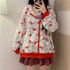 Hello Kitty Outfit, Kitty Outfit, Punk Tops, Hello Kitty Sweatshirt, Women Anime, Zipper Hoodies, Kitty Clothes, Hello Kitty Clothes, Oversized Tops