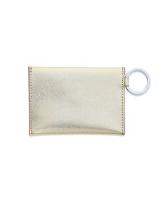 a keychain with a silver leather case on it and a white ring hanging from the front