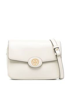 cream white calf leather signature Double T motif foldover top with magnetic fastening adjustable shoulder strap internal logo plaque internal card slot main compartment Tory Burch Robinson, Chanel 2, Boot Pumps, Tory Burch Bag, White Bag, Leather Crossbody Bag, Leather Crossbody, Faux Suede, Shea Butter